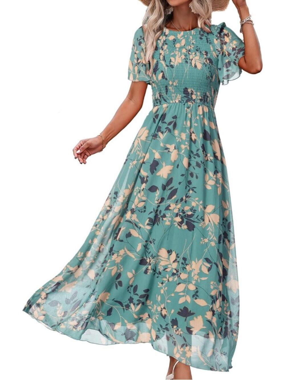 Boho Floral Maxi Dress for Women - Casual Summer Short Sleeve Chiffon Vacation